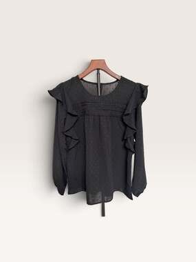 Unbranded Swiss Dot Ruffle Lace Trim Blouse Black